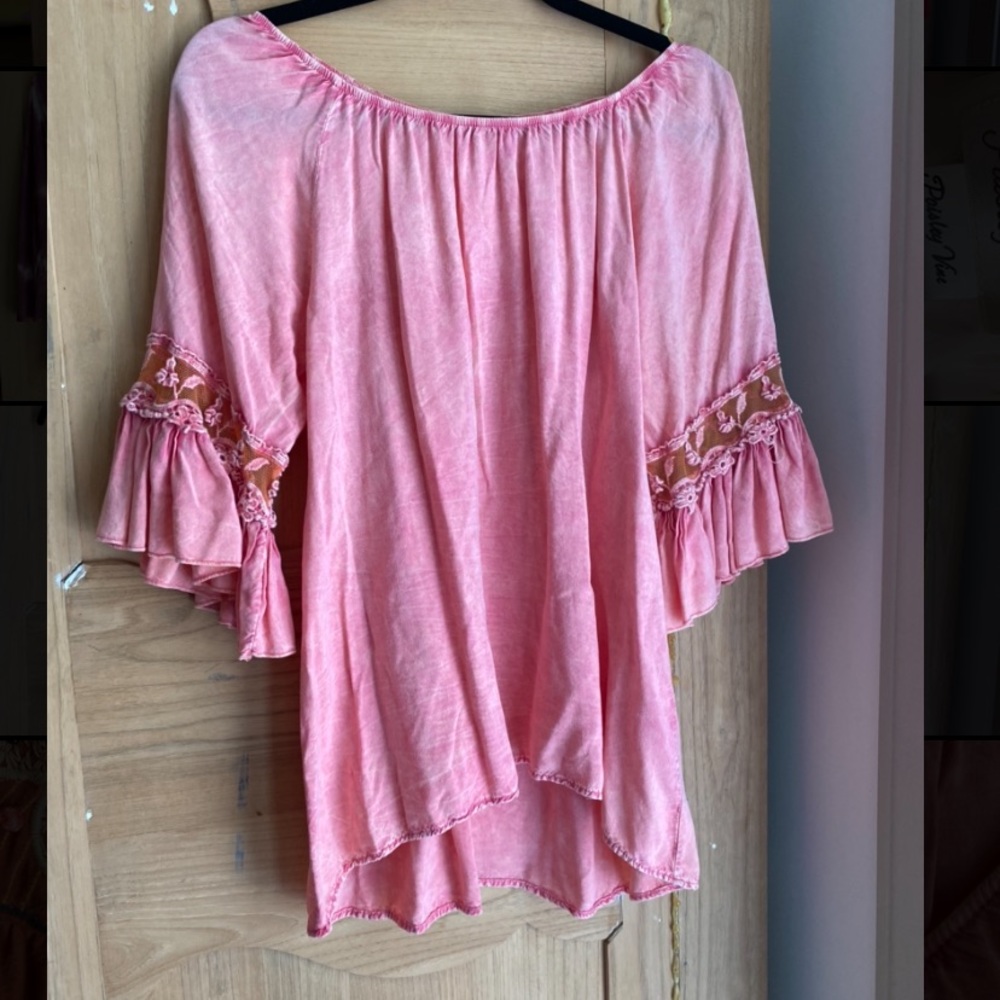 Pink lace embroidered top (off the shoulder)